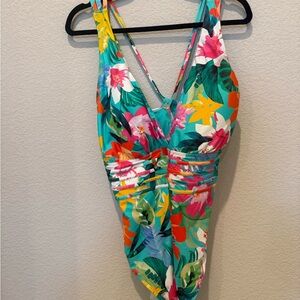 La Blanca Teal Tropical Floral One-Piece Swimsuit